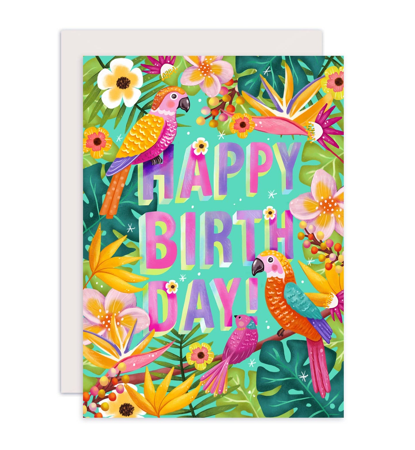 Glade tropiske fugle og blomster fødselsdagskort - MoodTiles