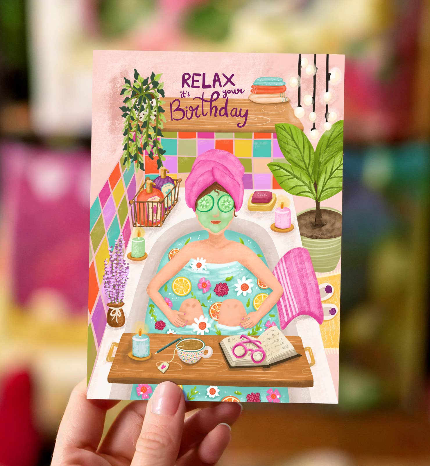 Kvindens fødselsdagskort i badet slap af det er din fødselsdag - MoodTiles