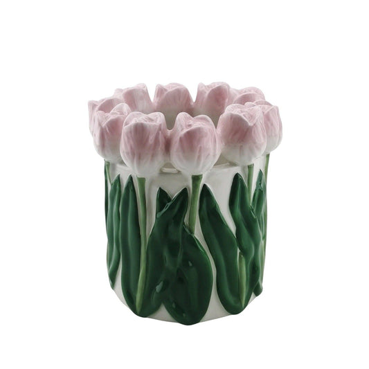 Vase - Tulipaner - Dolomit - Lyserød/Grøn - 15x15x14cm - MoodTiles