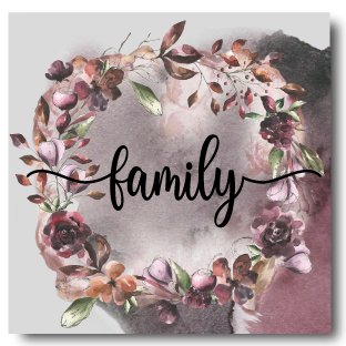 Flot og dekorativ coaster med blomsterkrans. I flotte brændte efterårsfarver. Midt på coasteren står teksten "family"