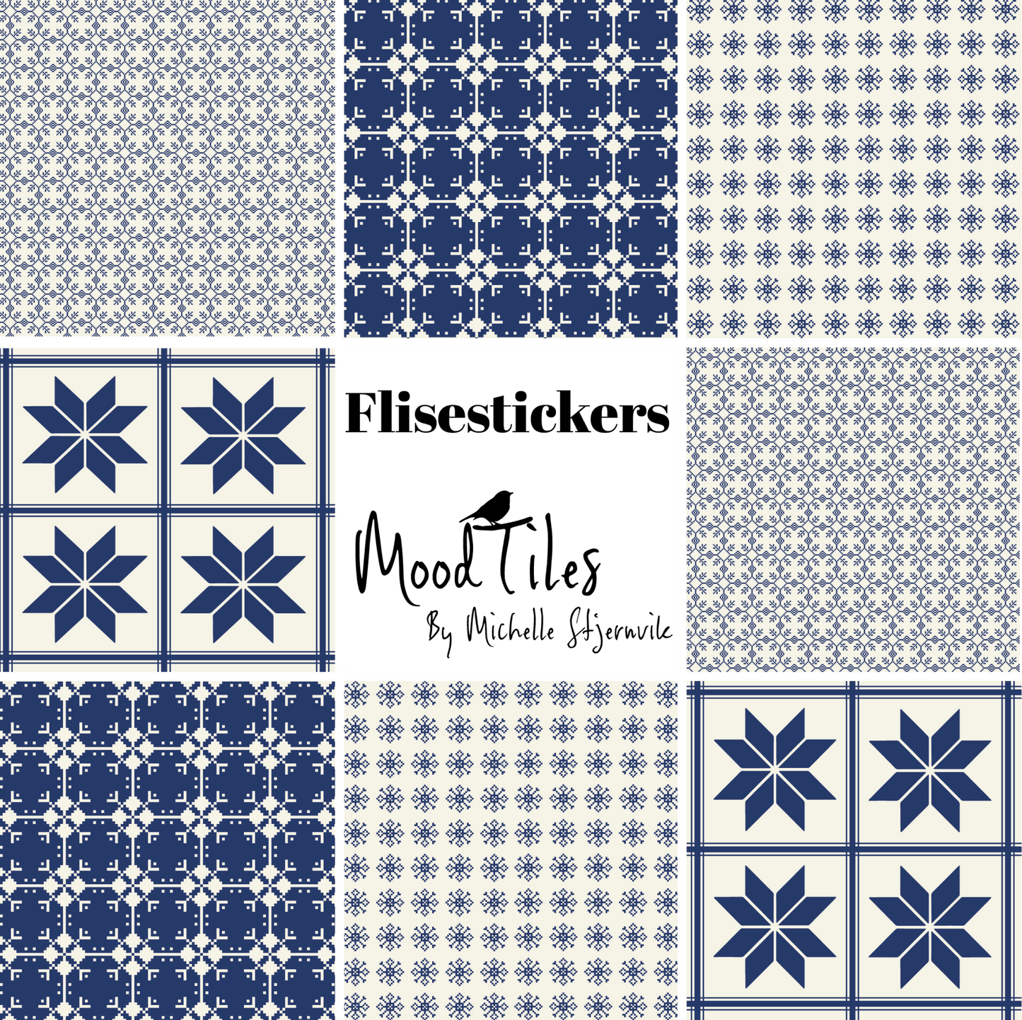 Søde flisesstickers fra MoodTiles. Blå og creme mønster. Fliseklistermærker heldækkende. Svensk charme