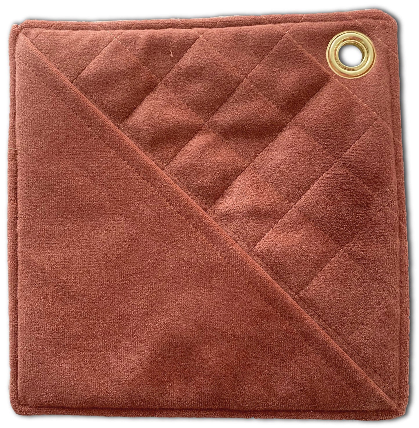 Grydelap lavet ud af rosa velour med en lomme til at holde indeni, så man ikke brænder fingrene når bagepladen tages ud af ovnen. Grydelappen er udstyrret med en ring af messing således at de kan hænge på en knag.