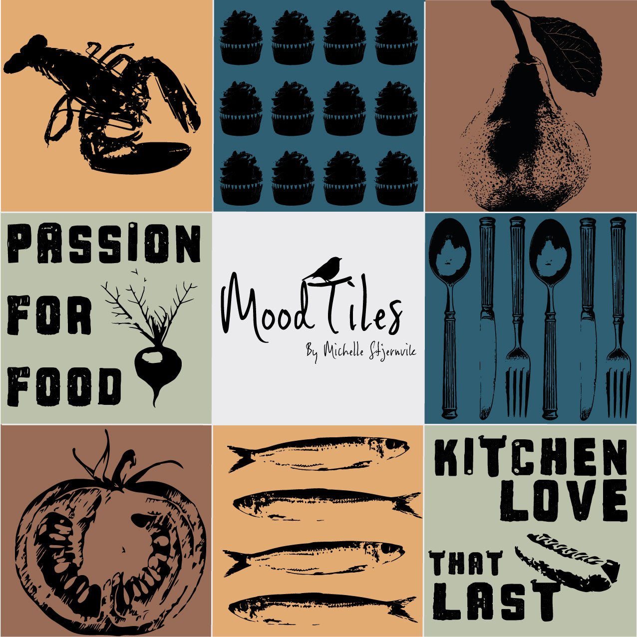 Flisestickers i rigtig køkkenstemning. Her får du 8 flisestickers med mad - tomat, fisk, bestik, pære og hummer. Flisestickers er i farverne lys grøn, mørk blå, sennepsgul og brun.