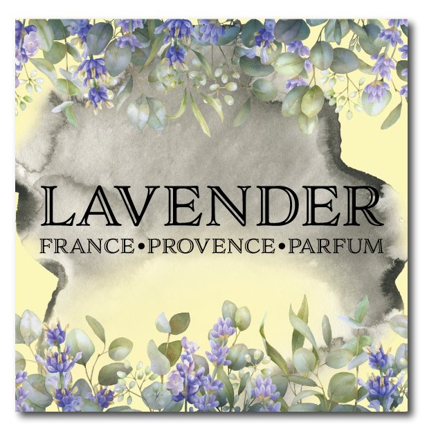 dekorationsflise som kan bruges som dekoration på væggen eller som bordskåner på bordet. smuk i gule og grålige nuancer. med lavendel og eucalyptus. tekst: lavender france provence parfum. fransk inspireret. måler 20x20cm