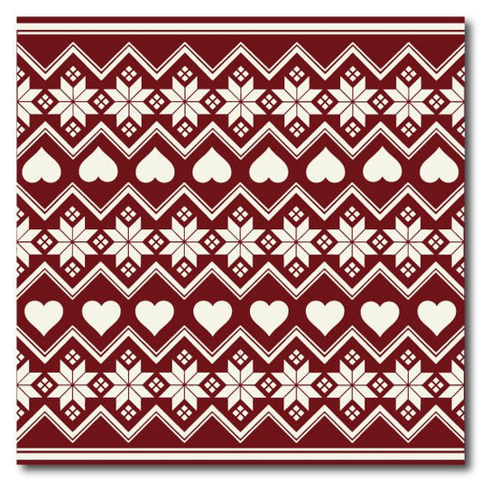 Sød rød og creme jule coaster fra MoodTiles. Coasteren har et mønster af hjerter og stjerner i rækker her over coasteren.