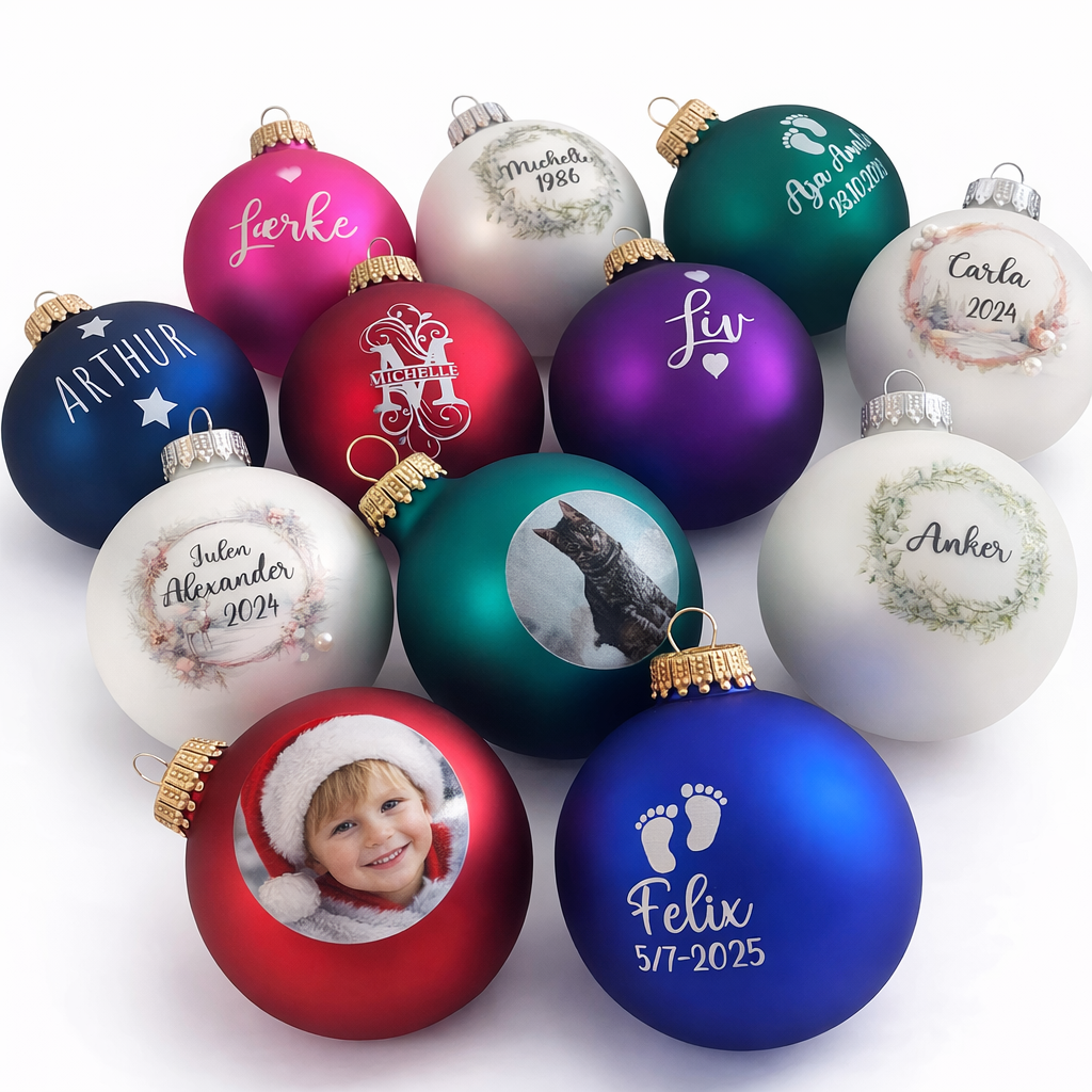 Julekugle med navn, julekugle med billede, julekugle med krans. Et bredt udvalg af vores personlige julekugler i forskellige farver