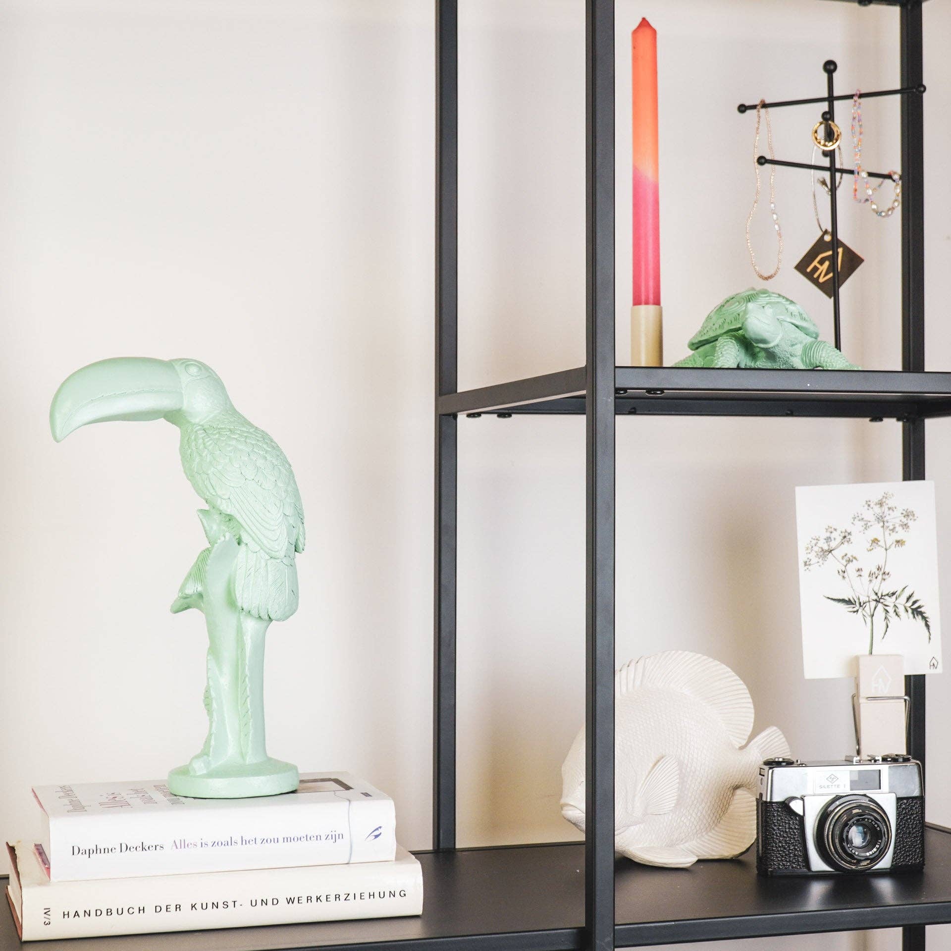 Stål reol med bøger, statue af en tukan, et stearinlys og en statue af en fisk