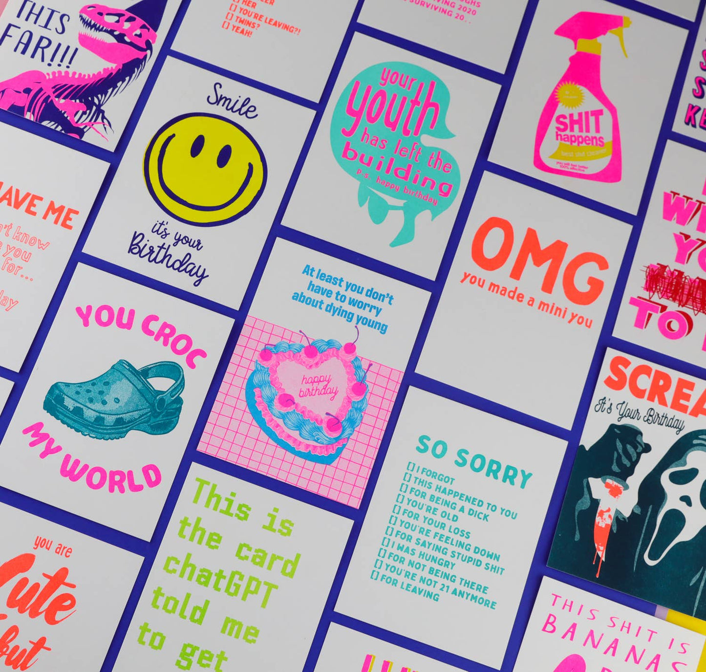 Sjove retro fødselsdagskort i neon farver