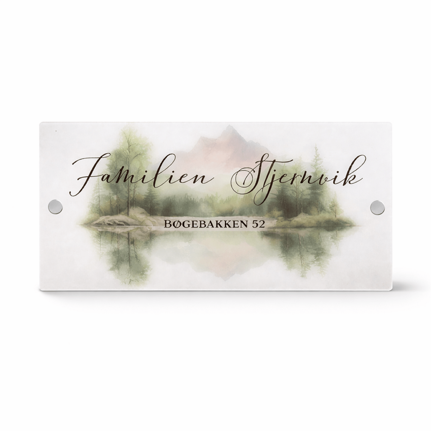 Dørskilt i frostet akryl – Bjergsø med Træer – 20x40 cm - MoodTiles