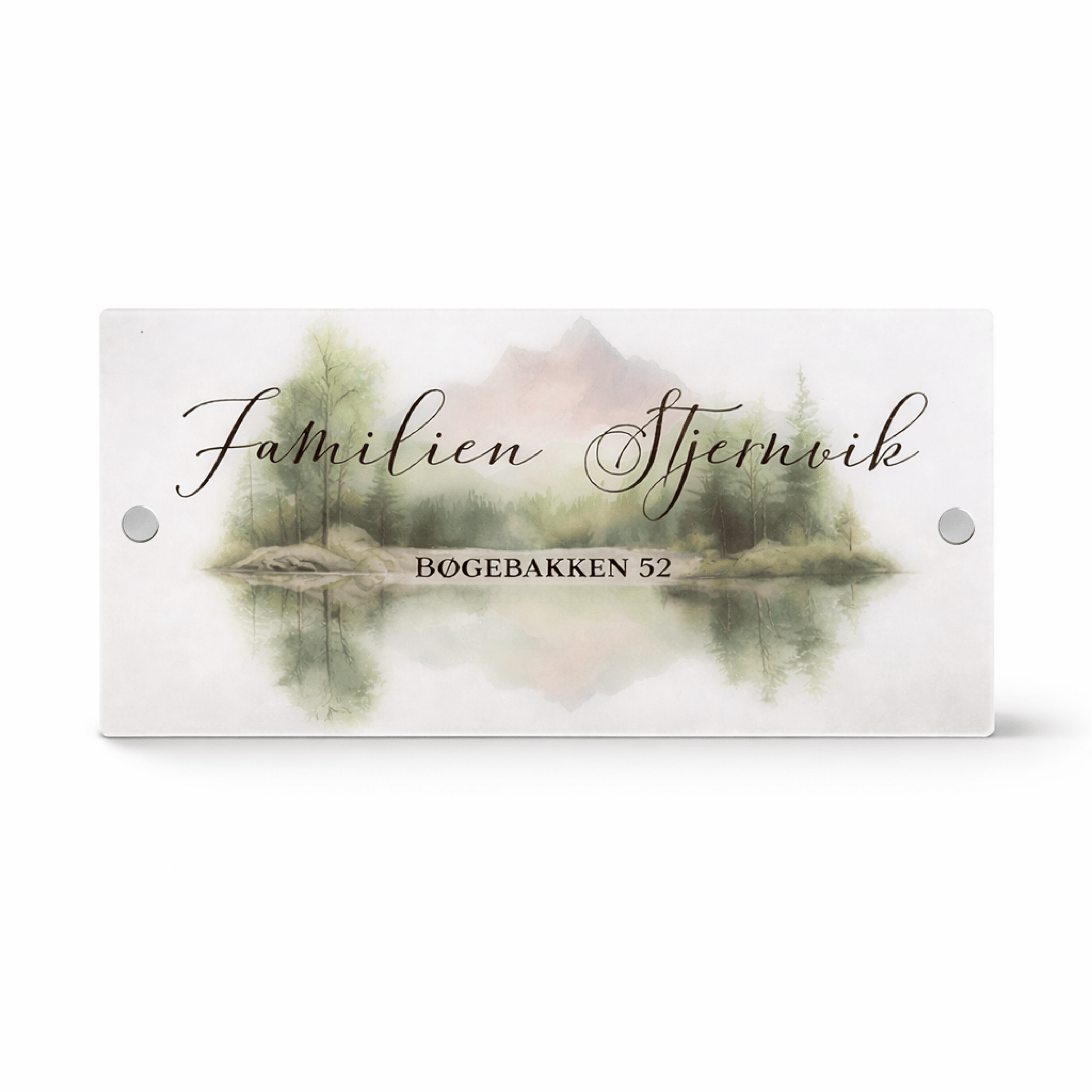 Dørskilt i frostet akryl – Bjergsø med Træer – 20x40 cm - MoodTiles
