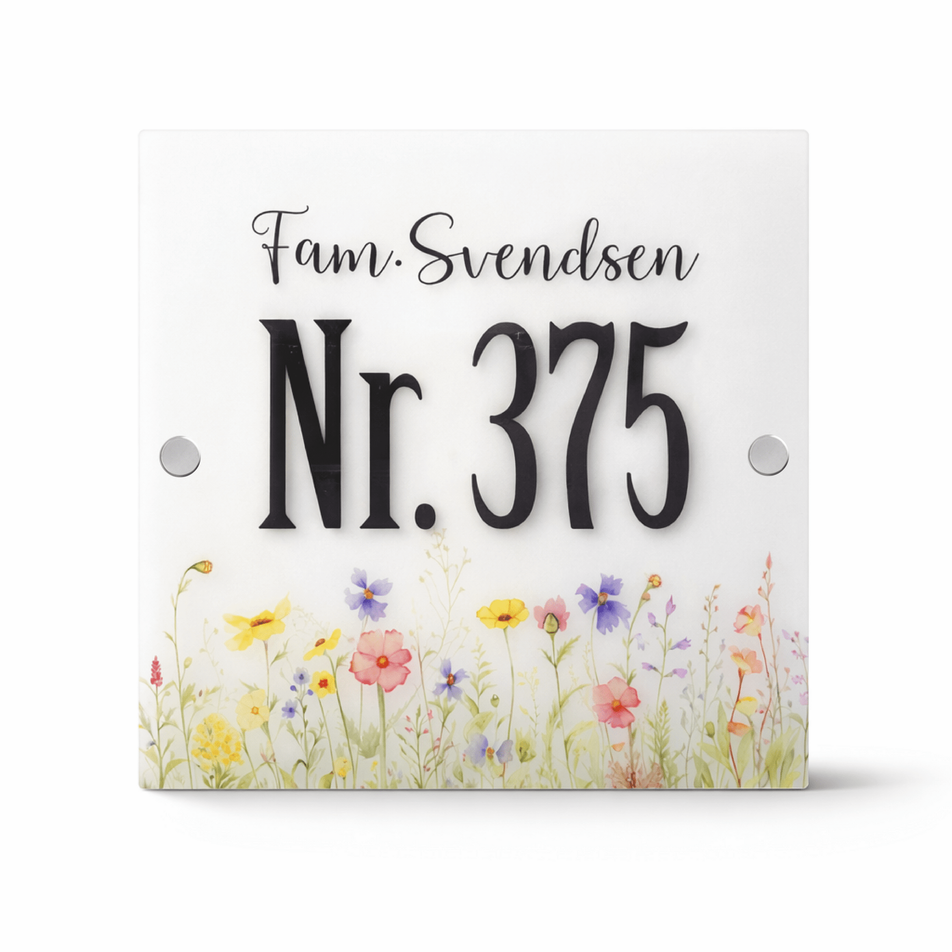Dørskilt i frostet akryl – Husnummer & Vilde Blomster – 20x20 cm - MoodTiles