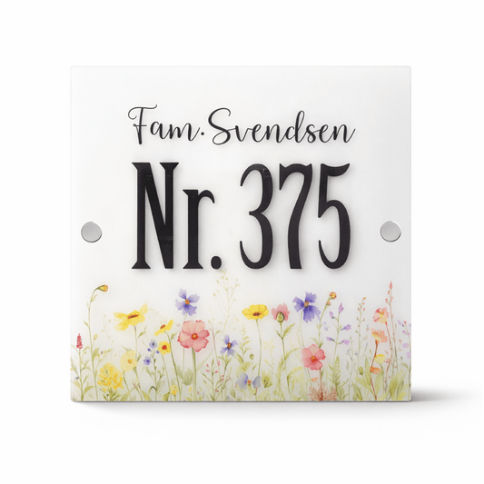 Dørskilt i frostet akryl – Husnummer & Vilde Blomster – 20x20 cm - MoodTiles