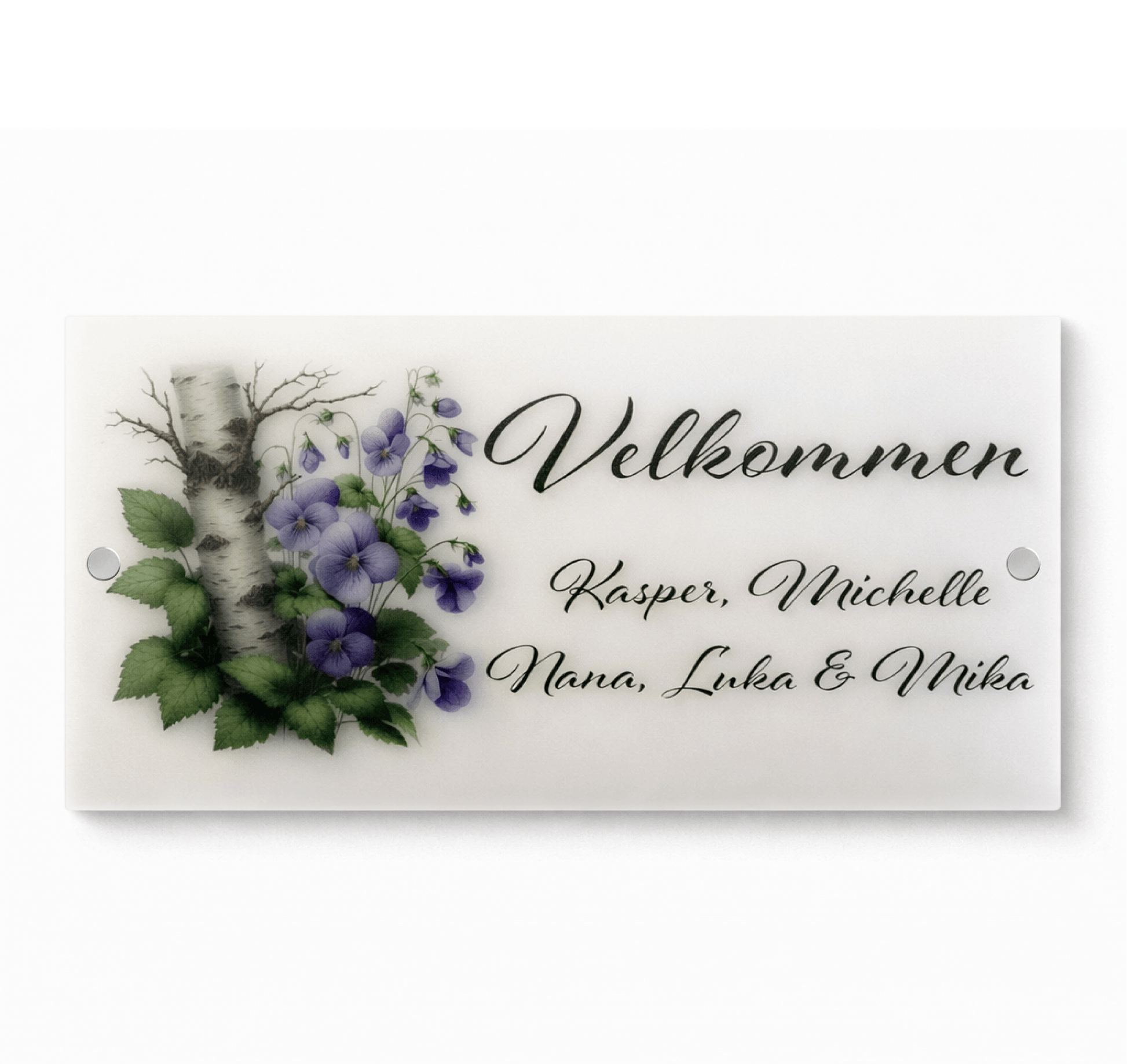 Dørskilt i frostet akryl – Stedmoderblomster & Birketræ – 20x40 cm - MoodTiles