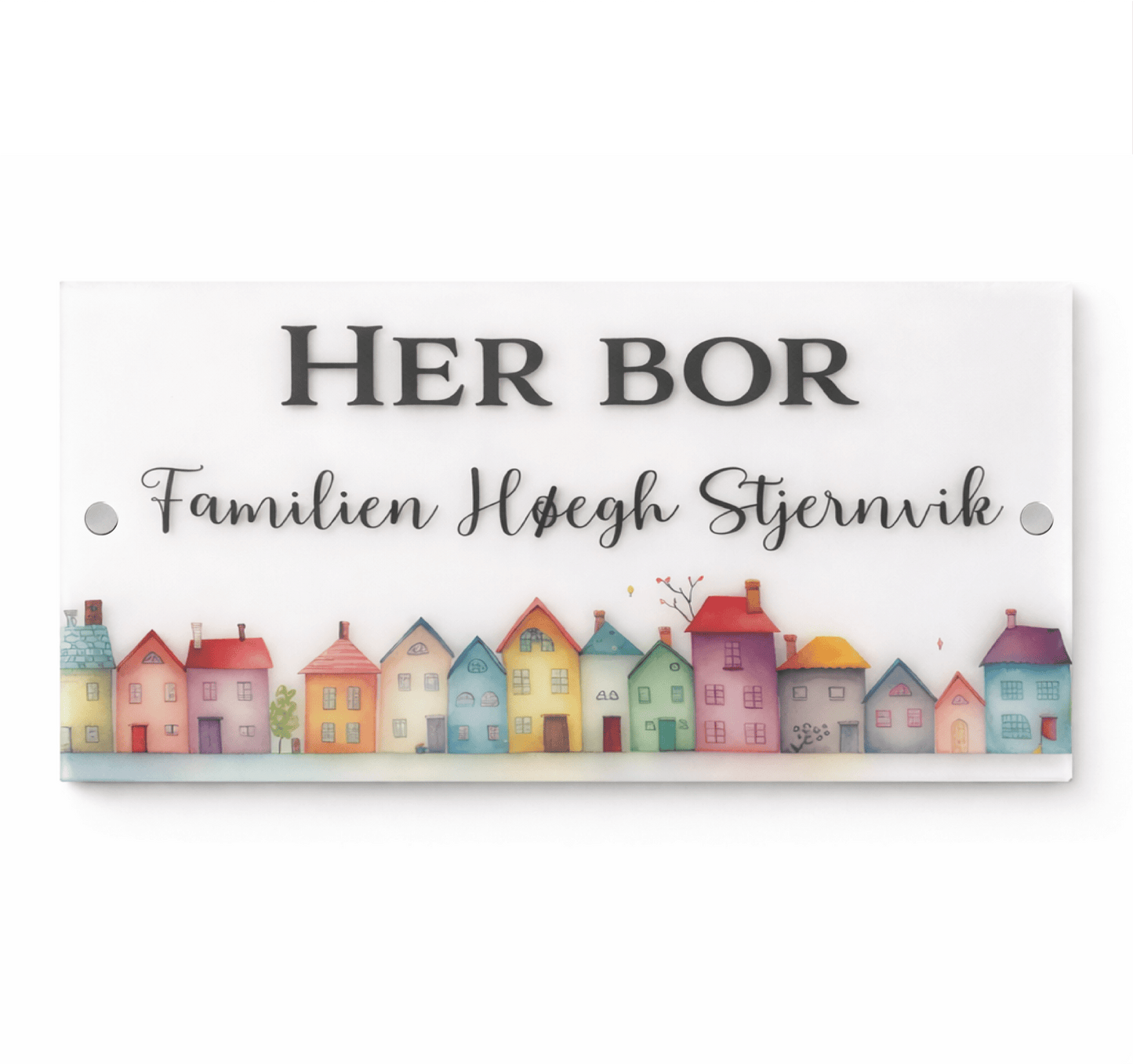 Dørskilt med navn og farvede huse. 20x40cm - MoodTiles