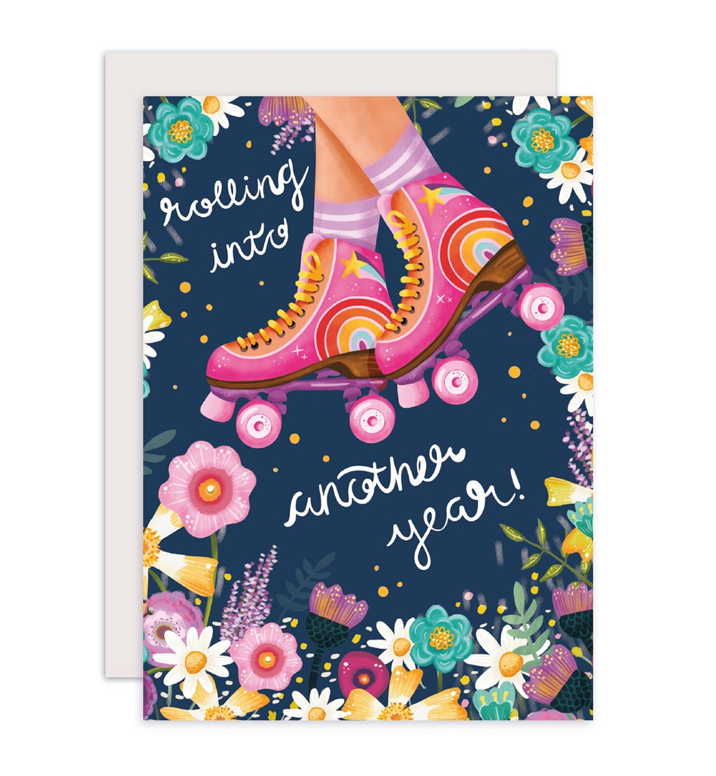 Fødselsdagskort rulleskøjter tillykke blomster lyserød blå - MoodTiles