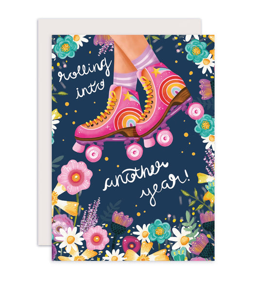 Fødselsdagskort rulleskøjter tillykke blomster lyserød blå - MoodTiles