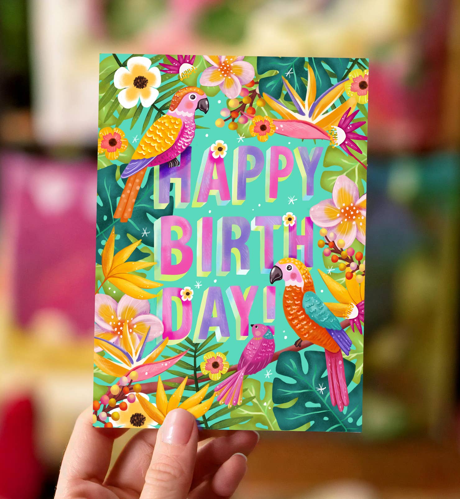 Glade tropiske fugle og blomster fødselsdagskort - MoodTiles