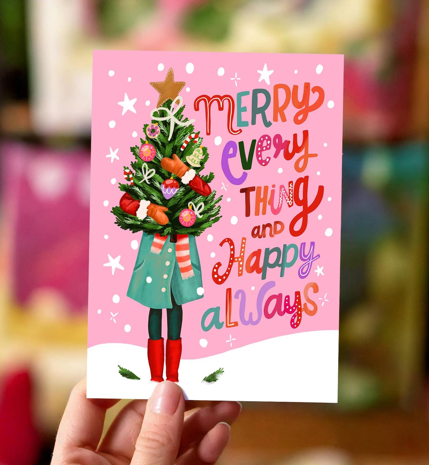 Julekort kvinde med juletræ glæder alt glad altid - MoodTiles