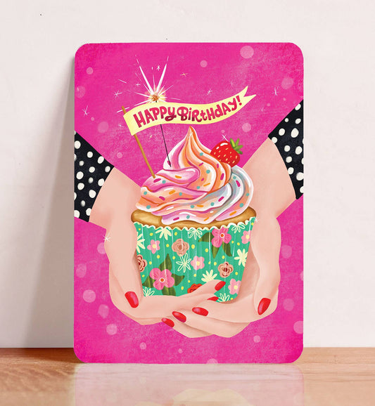 Kort fødselsdag happy birthday cupcake kvinde postkort - MoodTiles