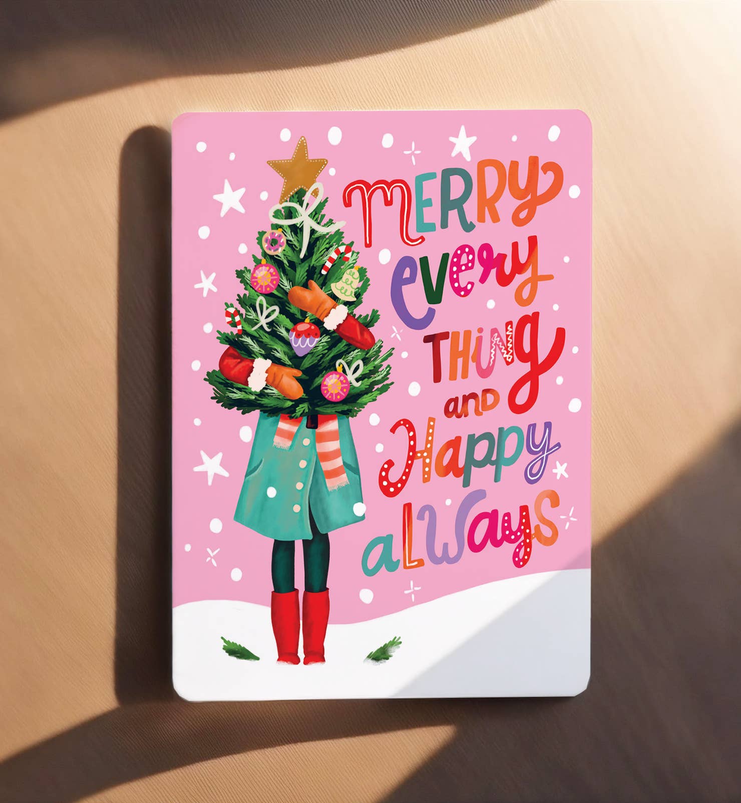 Kort julekort kvinde med juletræ helligdage postkort - MoodTiles