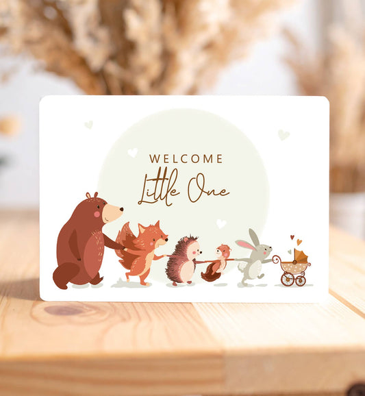 Kort tillykke fødsel skovdyr sødt postkort - MoodTiles