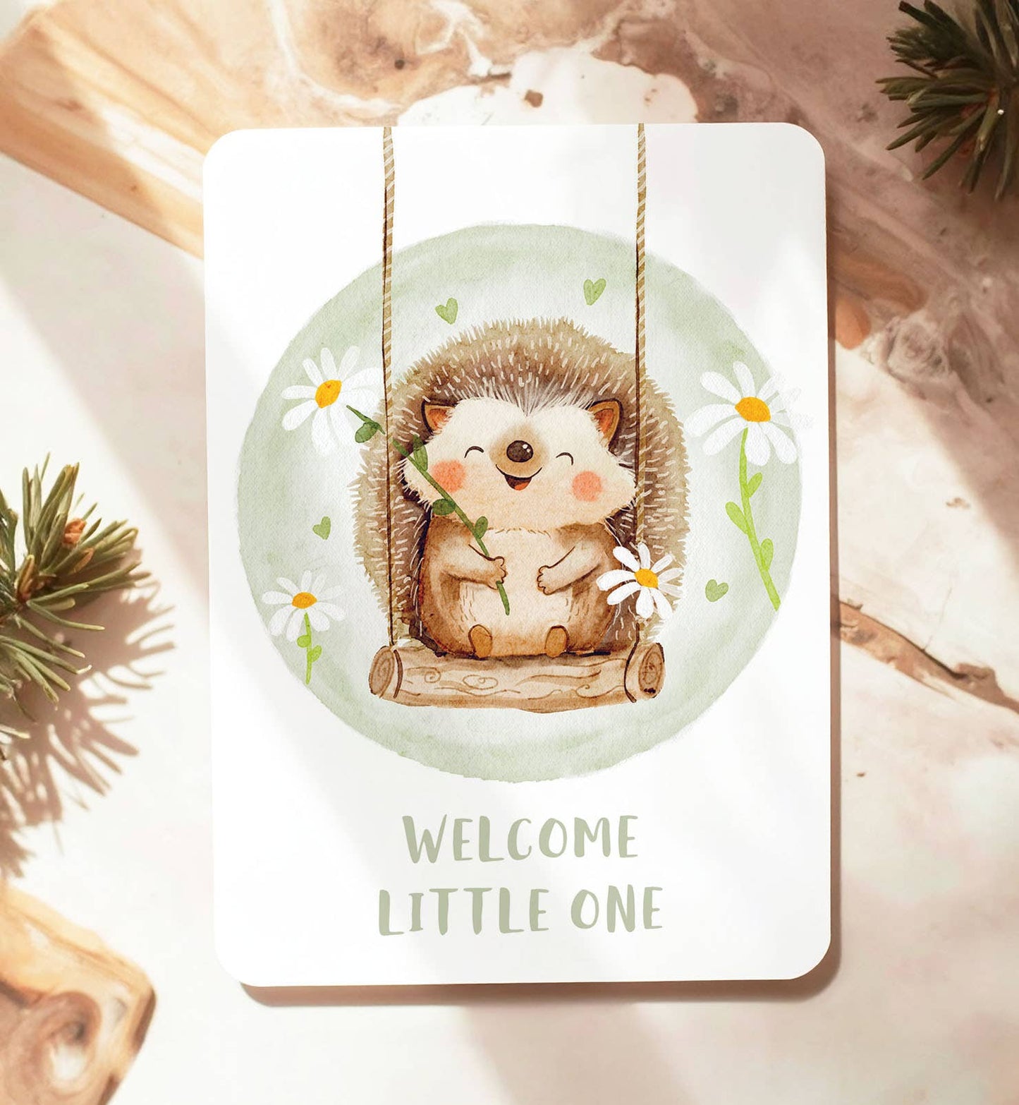 Kort tillykke med fødslen baby pindsvin blomster postkort - MoodTiles