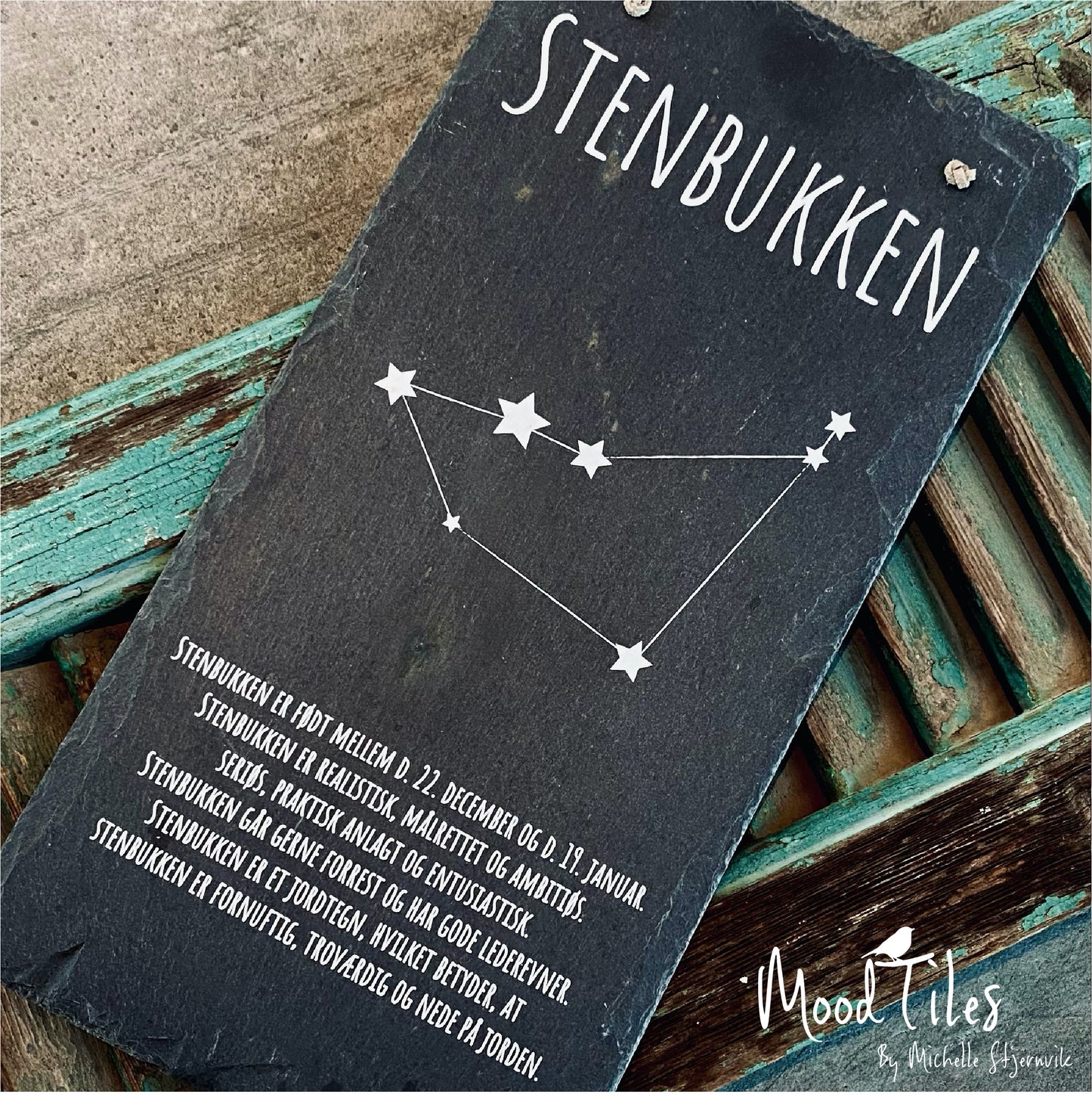 Stjernetegn på skiferplade. Læs dit eget stjernetegn her. Unikke stjernetegnsskilte på genbrugs skiferplader