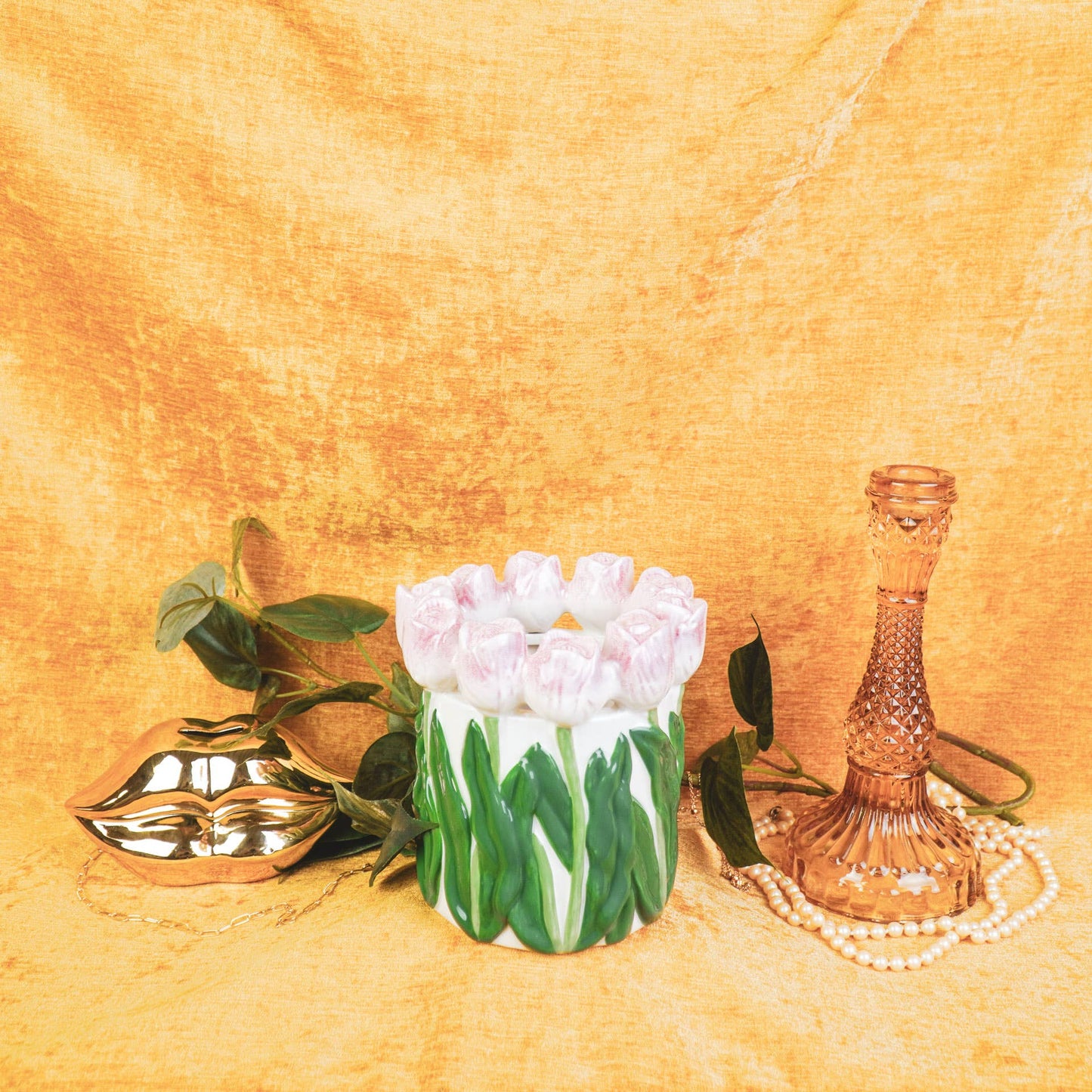 Vase - Tulipaner - Dolomit - Lyserød/Grøn - 15x15x14cm - MoodTiles