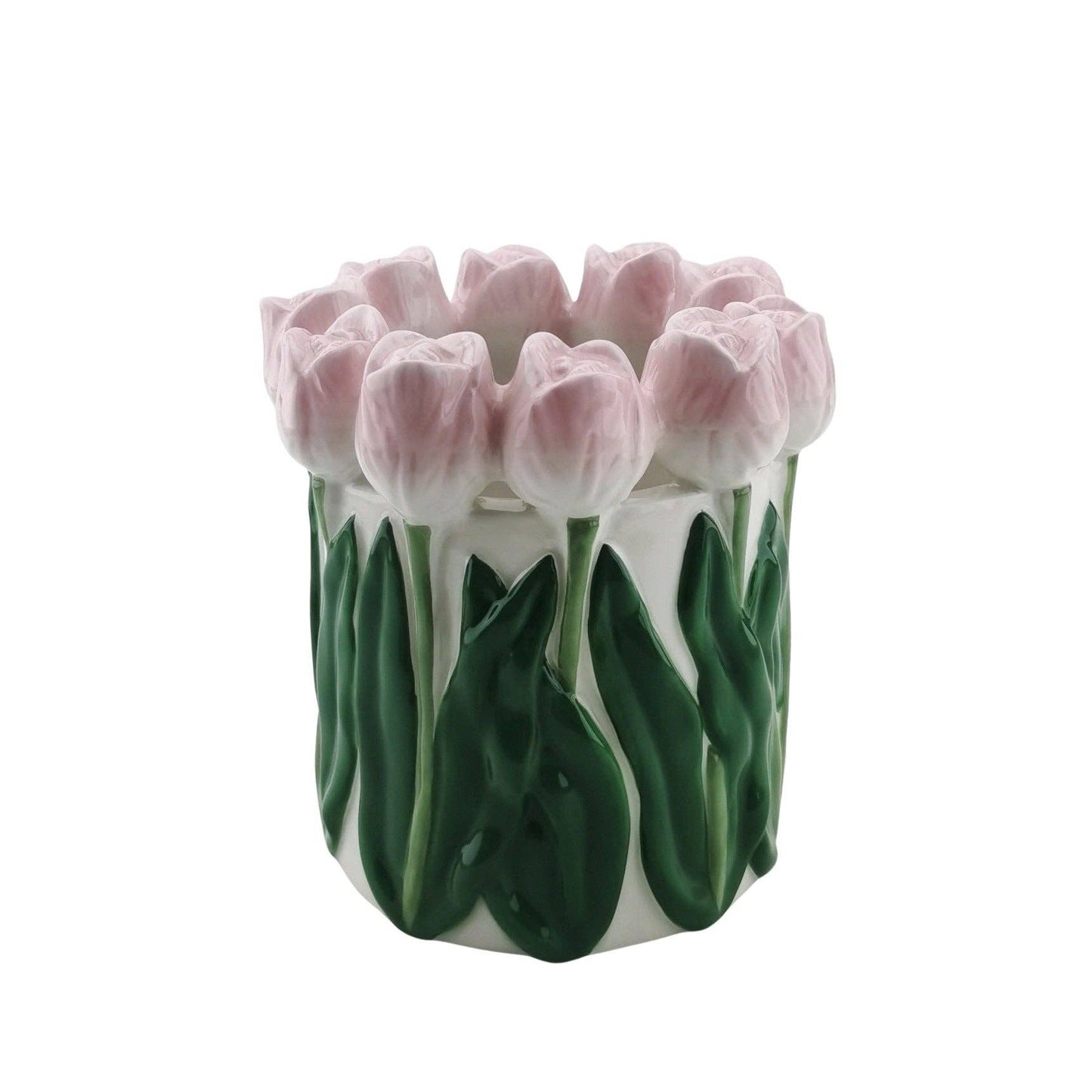 Vase - Tulipaner - Dolomit - Lyserød/Grøn - 15x15x14cm - MoodTiles