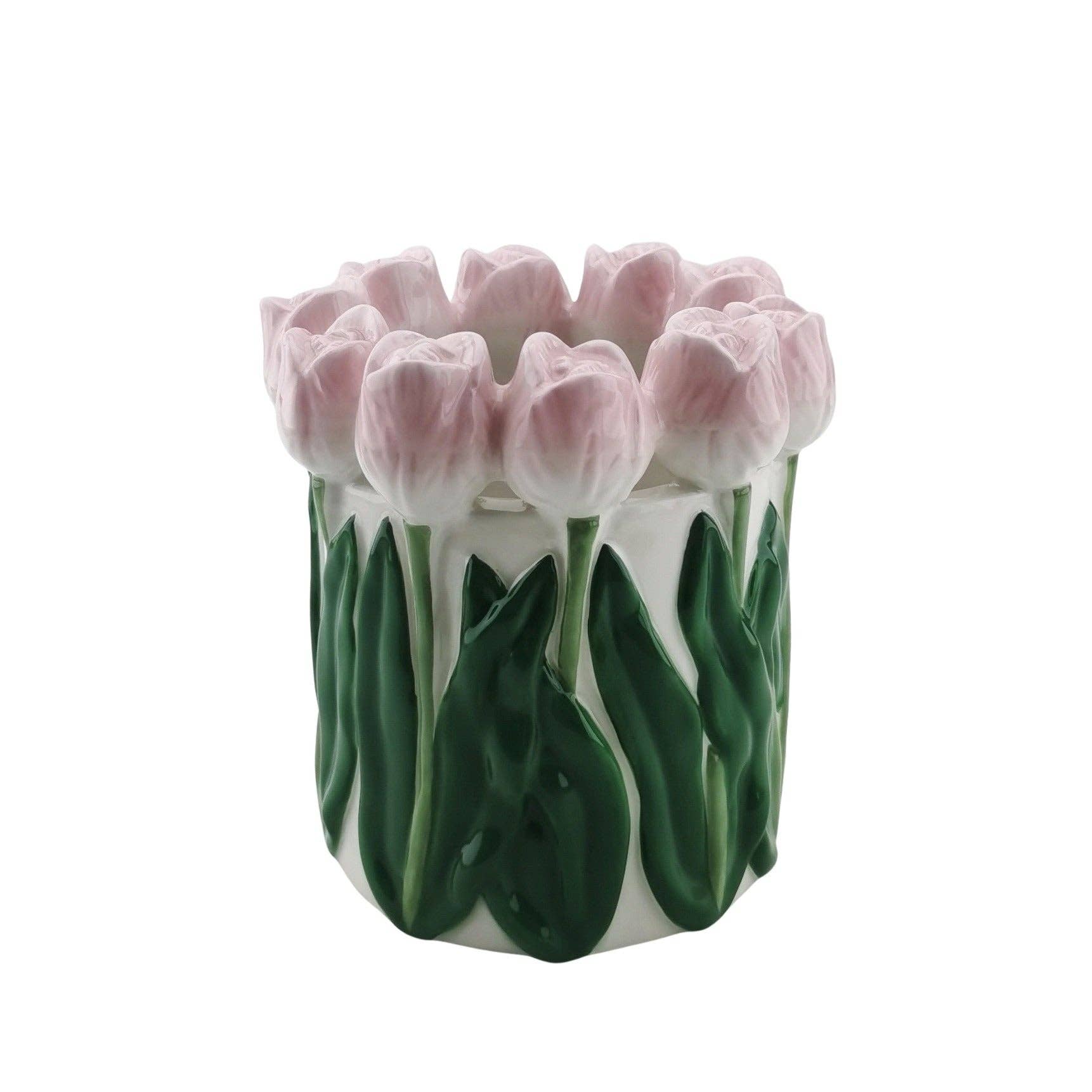 Vase - Tulipaner - Dolomit - Lyserød/Grøn - 15x15x14cm - MoodTiles