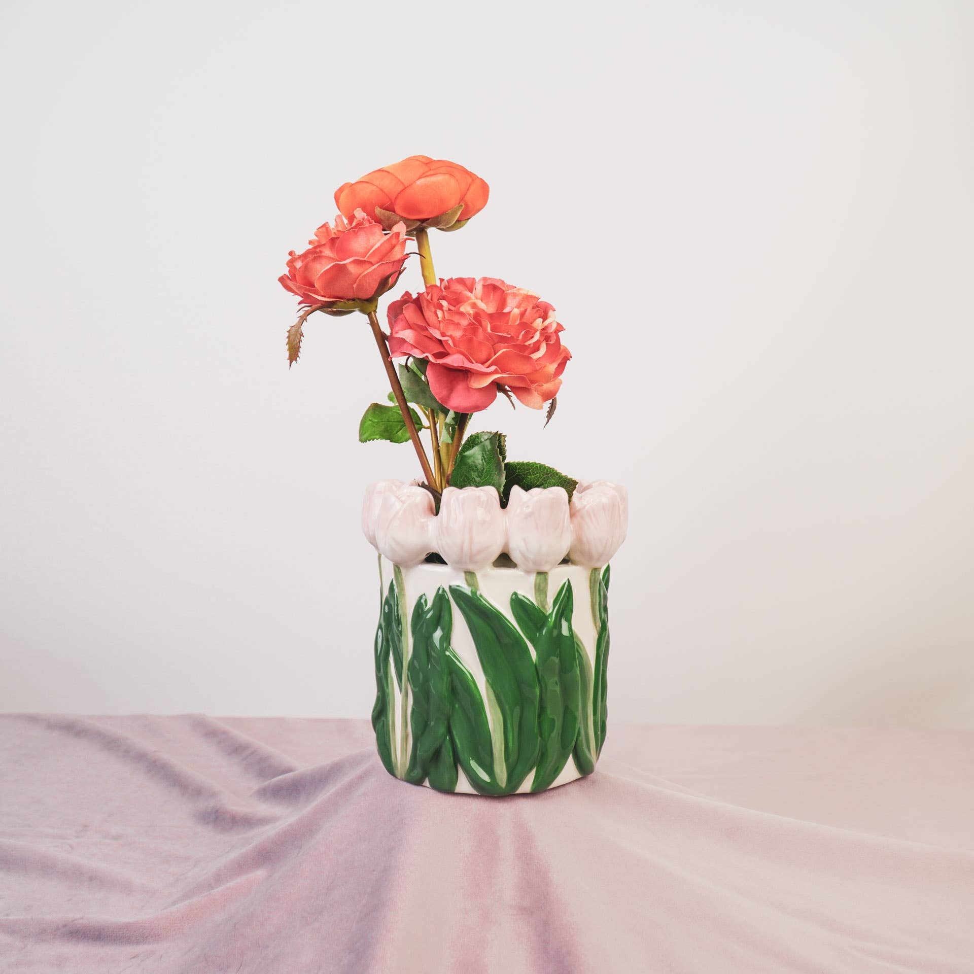 Vase - Tulipaner - Dolomit - Lyserød/Grøn - 15x15x14cm - MoodTiles