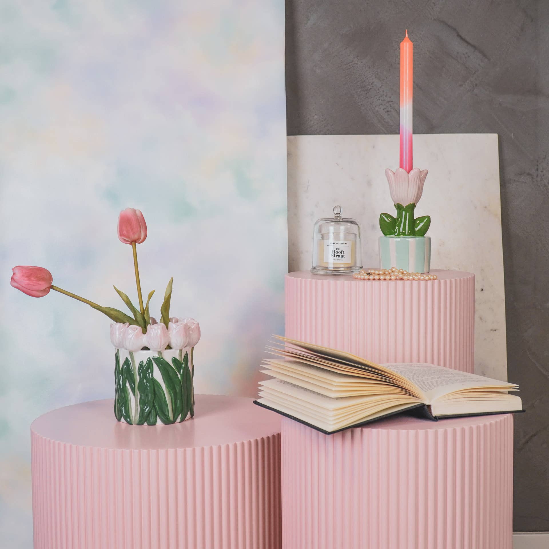 Vase - Tulipaner - Dolomit - Lyserød/Grøn - 15x15x14cm - MoodTiles