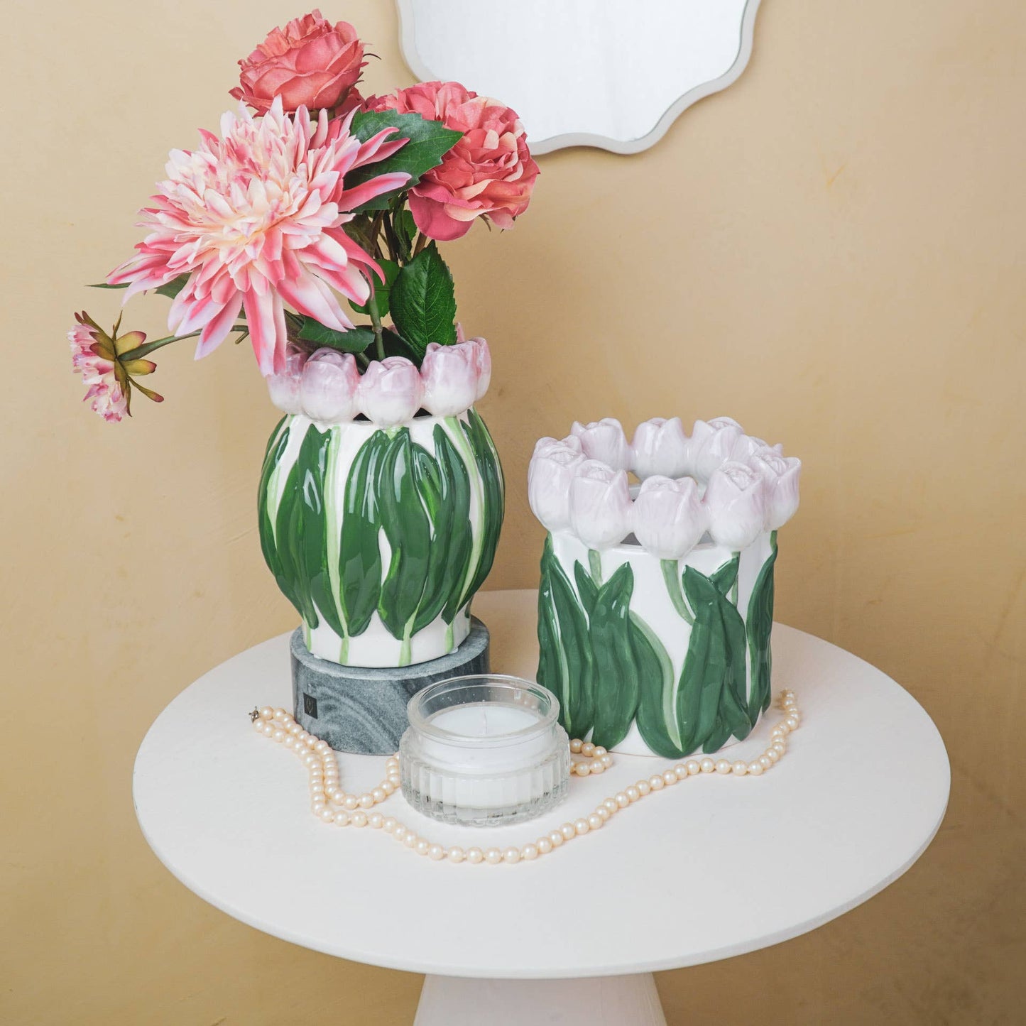 Vase - Tulipaner - Dolomit - Lyserød/Grøn - 15x15x14cm - MoodTiles