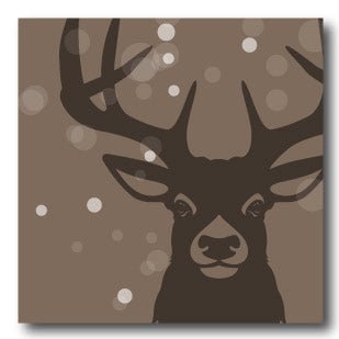 Sød coaster / bordskåner med billede af et rensdyr. Coasteren er i brune nuancer og har snefnug som falder omkring rensdyret.
