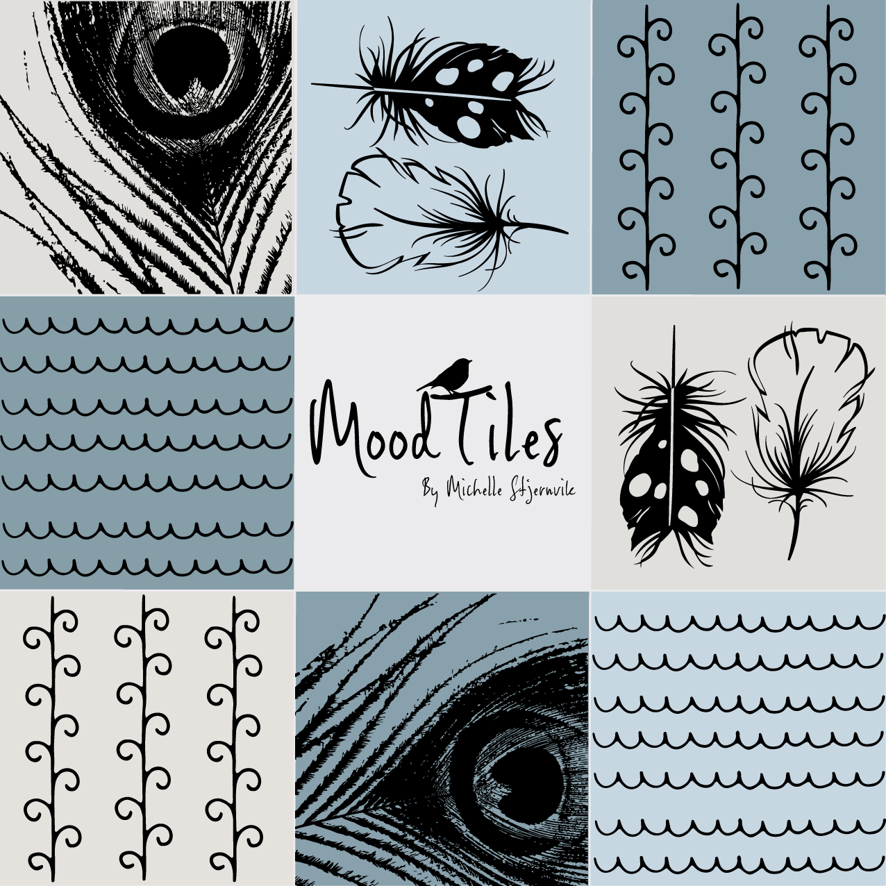 Flisestickers med fjer og mønster. 8 forskellige designs i blålige og grålige nuancer
