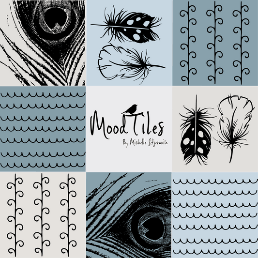 Flisestickers med fjer og mønster. 8 forskellige designs i blålige og grålige nuancer