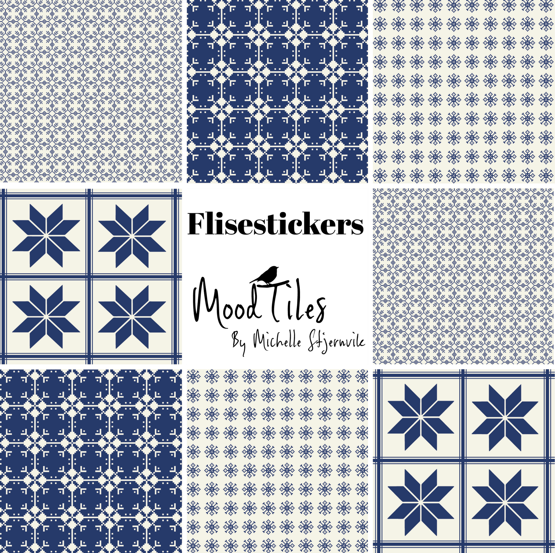 Søde flisesstickers fra MoodTiles. Blå og creme mønster. Fliseklistermærker heldækkende. Svensk charme