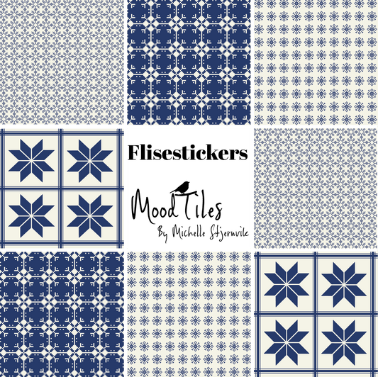 Søde flisesstickers fra MoodTiles. Blå og creme mønster. Fliseklistermærker heldækkende. Svensk charme