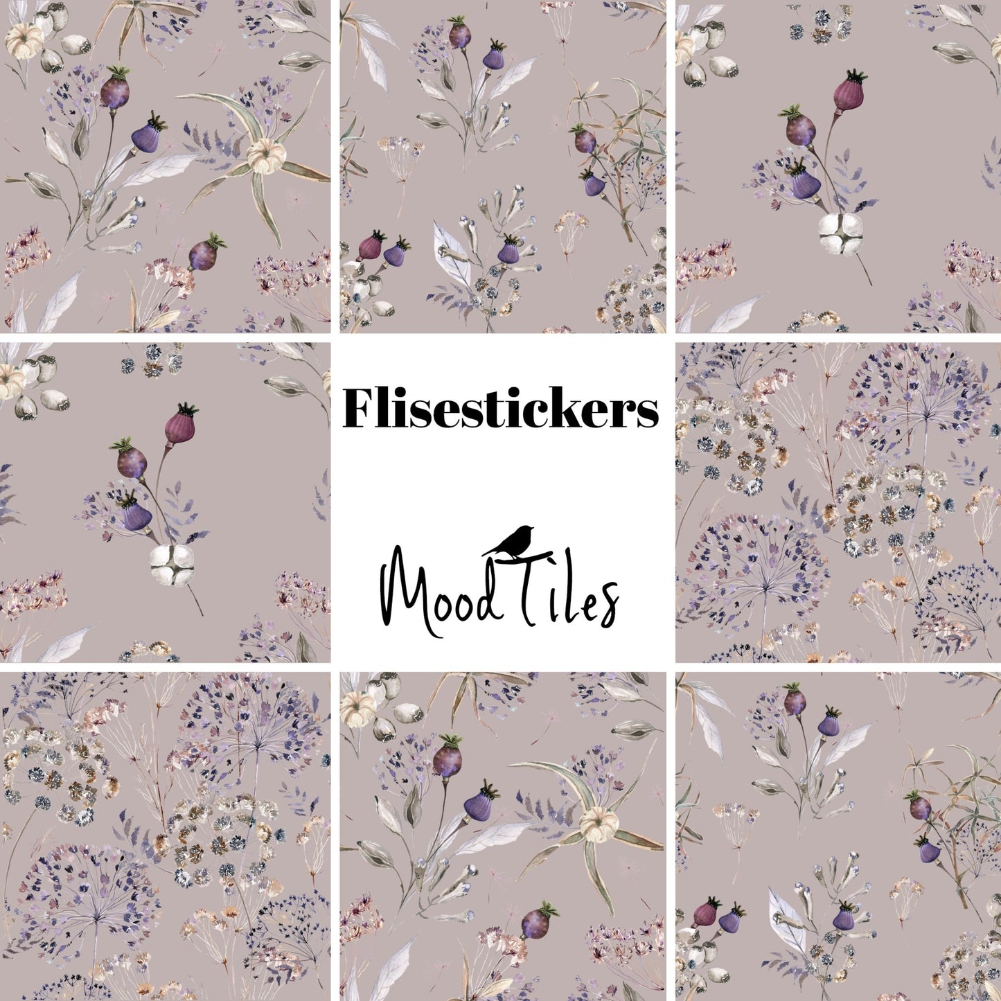 Flisestickers med flotte blomster i lilla nuancer. Meget morderne og nordisk inspireret. Der er 8 flisestickers i pakken og er enten 15x15cm eller 20x20cm