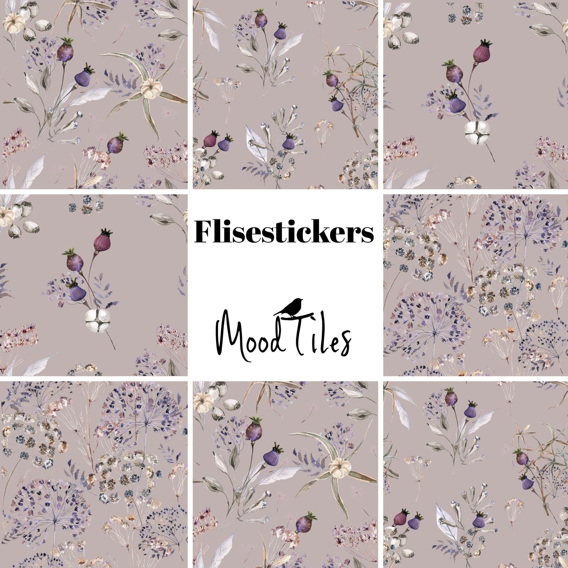 Flisestickers med flotte blomster i lilla nuancer. Meget morderne og nordisk inspireret. Der er 8 flisestickers i pakken og er enten 15x15cm eller 20x20cm