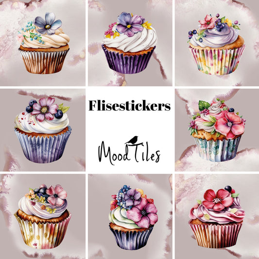 8 flisestickers fra MoodTiles. Flisestickers med søde cupcakes / muffins. Søde og flotte i lyserød og lilla nuancer. måler 15x15cm eller 20x20cm