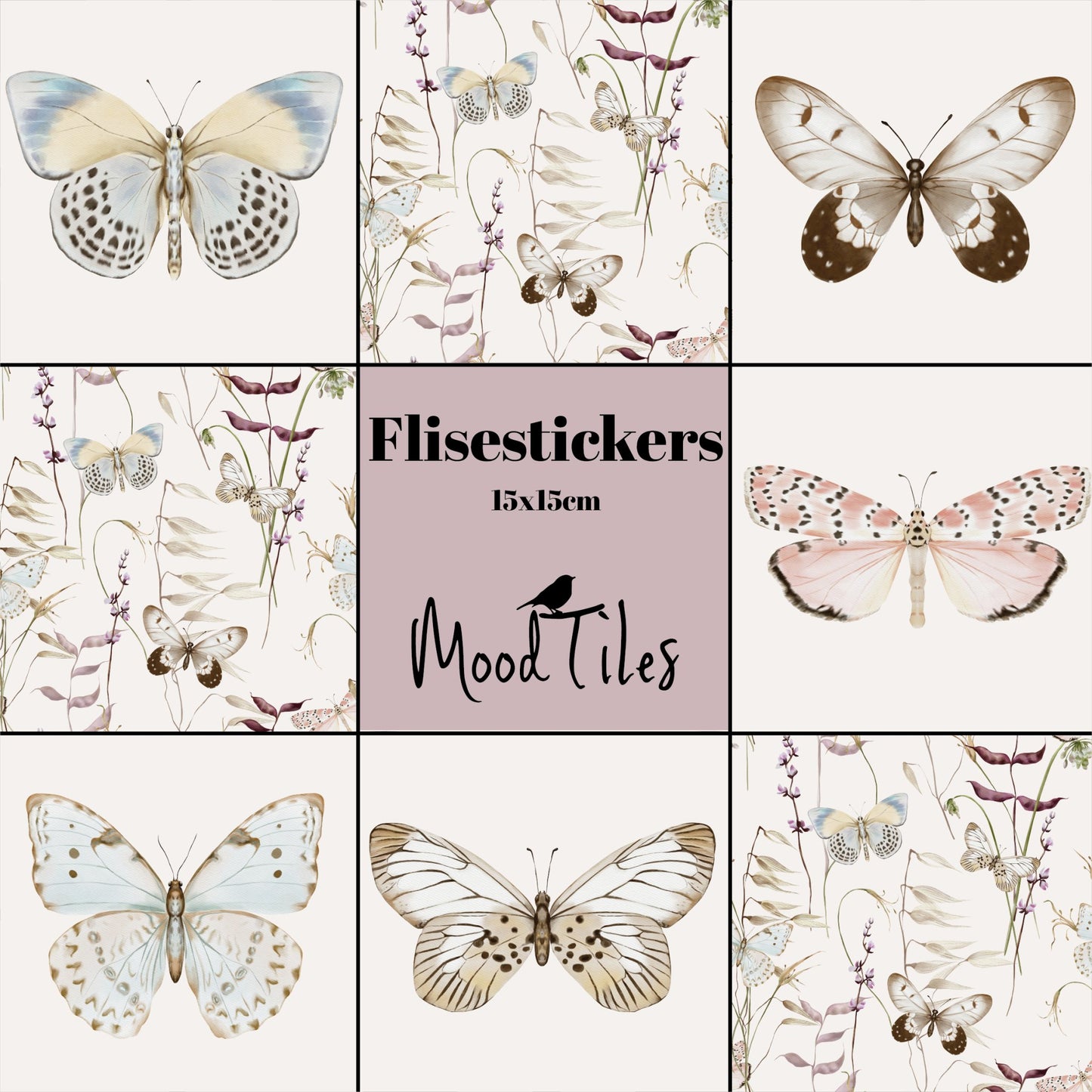 8 smukke flisestickers fra MoodTiles med sommerfugle. Fås i 2 størrelser. Pift dine gamle fliser op, nemt og bekvemt med flisestickers fra MoodTiles