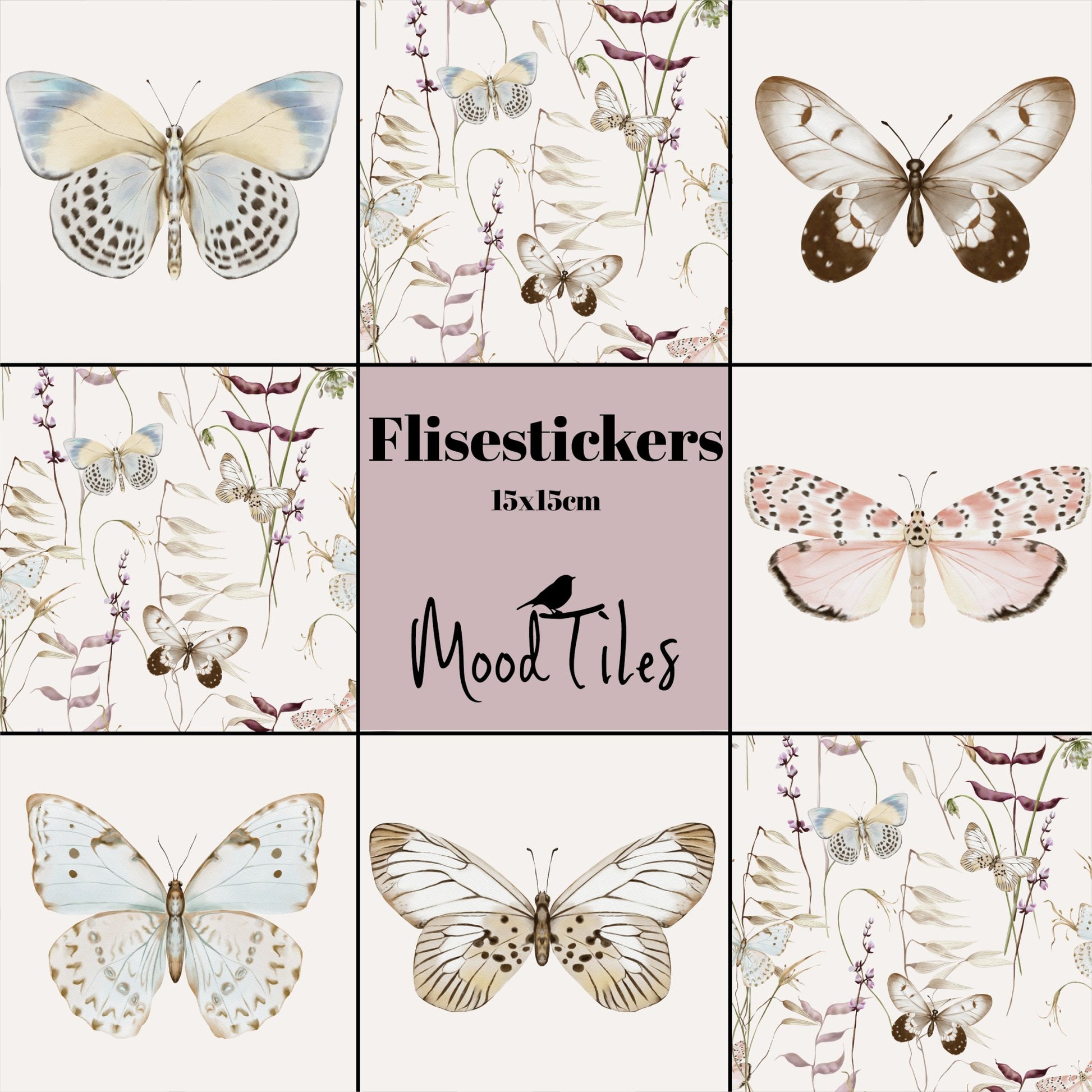 8 smukke flisestickers fra MoodTiles med sommerfugle. Fås i 2 størrelser. Pift dine gamle fliser op, nemt og bekvemt med flisestickers fra MoodTiles