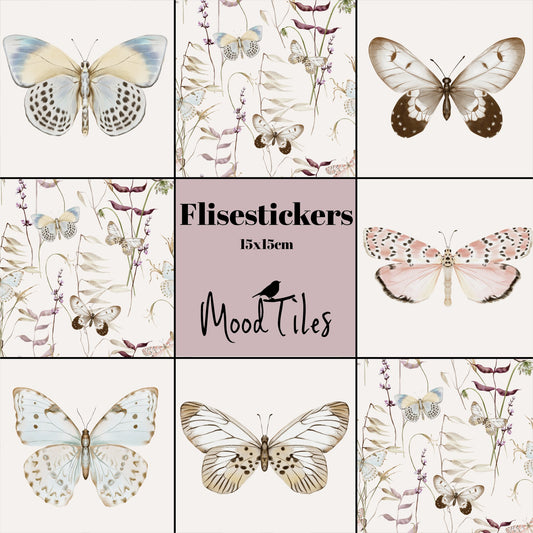 8 smukke flisestickers fra MoodTiles med sommerfugle. Fås i 2 størrelser. Pift dine gamle fliser op, nemt og bekvemt med flisestickers fra MoodTiles