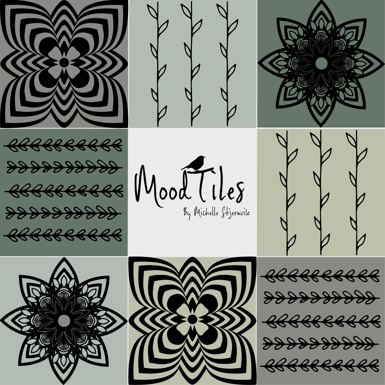 8 smukke flisestickers i grøne og grå nuancer med mønster af blomster og grene.