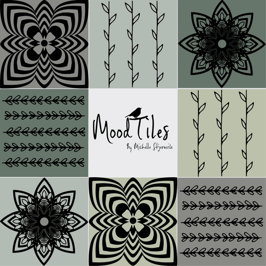 8 smukke flisestickers i grøne og grå nuancer med mønster af blomster og grene.