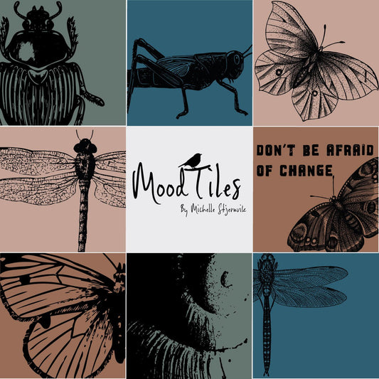 Flisestickers fra MoodTiles. 8 styk i en pakke. Flisestickers med billeder af insekter. Der er bl.a. sommerfugle, guldsmed, snegl, bille og græshoppe. Flisestickers er i mørk blå, støvet grøn, brun og rosa