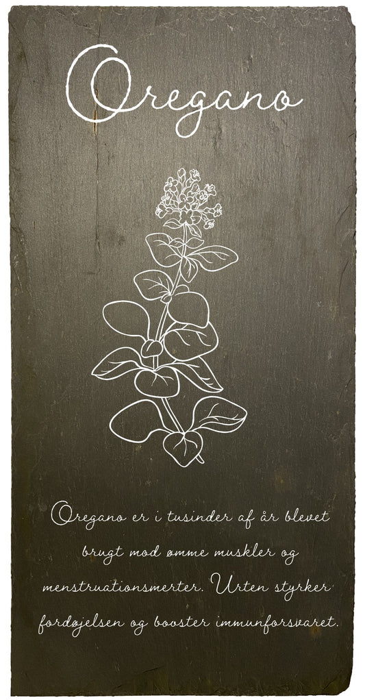 Skiferskilt med oregano. Krydderurteskiltet er lavet af genbrugsskifer og har en lægelig forklaring på hvad oregano er godt for. Skiltet har en illustration af planten oregano, så du nemt kan genkende planten i haven. Planteskiltet måler 20x40cm